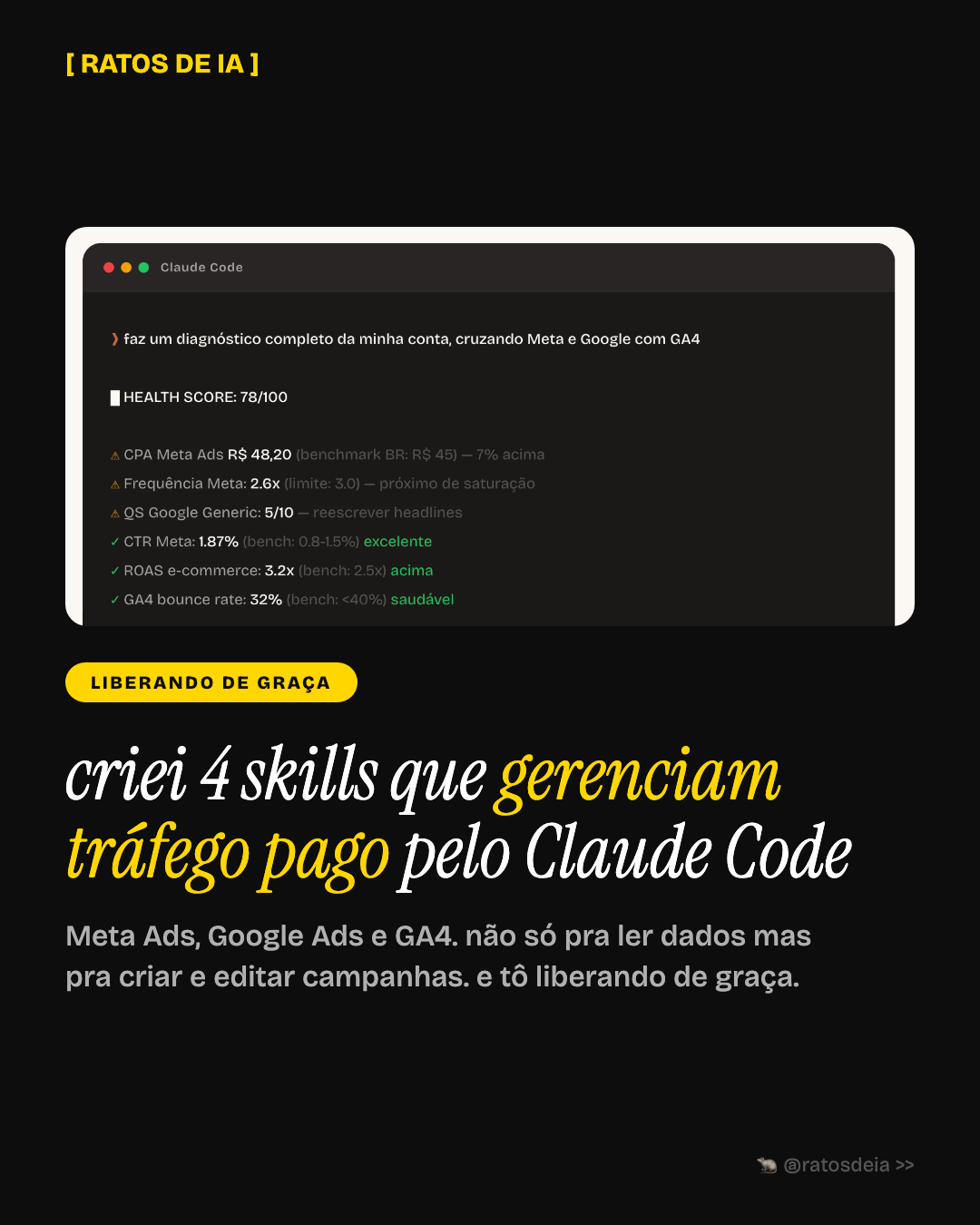 4 skills que gerenciam tráfego pago pelo Claude Code: Meta Ads, Google Ads e GA4